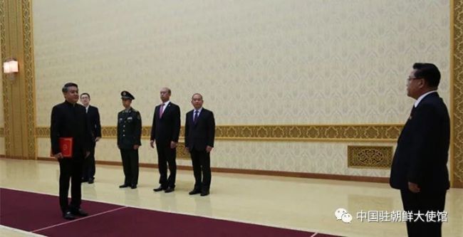 中國駐(zhu)朝鮮大使王亞軍(jun1)向崔龍海委員長(zhang)遞交國書